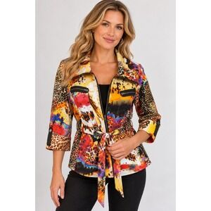 Berek Zip Up Jacket Womens Small Maximalist Artsy Animal Print Belted Multicolor